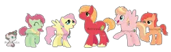 Size: 1280x391 | Tagged: safe, artist:marrayala, artist:selenaede, artist:strawberry-spritz, derpibooru import, big macintosh, fluttershy, oc, oc:azalea, oc:butter apple, oc:deaf nettle, oc:juicy apple-pear, earth pony, pegasus, pony, alternate hairstyle, baby, baby pony, bandana, base used, colt, family, female, fluttermac, foal, image, jewelry, male, mare, necklace, offspring, parent:big macintosh, parent:fluttershy, parents:fluttermac, png, shipping, simple background, stallion, straight, transparent background, watermark