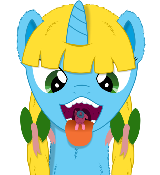 Size: 2292x2500 | Tagged: questionable, artist:shelikof launch, derpibooru import, oc, oc:optica, oc:sunshine denom, unofficial characters only, pony, unicorn, commission, ear fluff, fetish, image, mawshot, open mouth, pigtails, png, simple background, transparent background, vector, vore