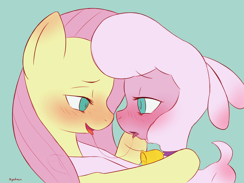 Size: 1547x1161 | Tagged: suggestive, artist:hyakuen, derpibooru import, fluttershy, pom lamb, pegasus, sheep, them's fightin' herds, blushing, butt blush, community related, crossover, crossover shipping, drool, drool string, ear blush, female, hoof on cheek, hoof on shoulder, image, kissing, lesbian, looking at each other, looking at someone, open mouth, png, pom (tfh), pomshy, shipping, simple background, sloppy kissing