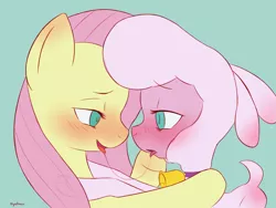 Size: 1547x1161 | Tagged: suggestive, artist:hyakuen, derpibooru import, fluttershy, pom lamb, pegasus, sheep, them's fightin' herds, blushing, butt blush, community related, crossover, crossover shipping, drool, drool string, ear blush, female, hoof on cheek, hoof on shoulder, image, kissing, lesbian, looking at each other, looking at someone, open mouth, png, pom (tfh), pomshy, shipping, simple background, sloppy kissing