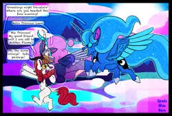 Size: 1869x1267 | Tagged: safe, artist:spudsmcfrenzy, derpibooru import, autumn blaze, princess luna, oc, oc:bamboozle, alicorn, draconequus, kirin, pony, carrying, dialogue, draconequus oc, female, flying, image, interspecies offspring, male, mare, offspring, parent:discord, parent:pinkie pie, parents:discopie, png, speech bubble, spread wings, trio, wings