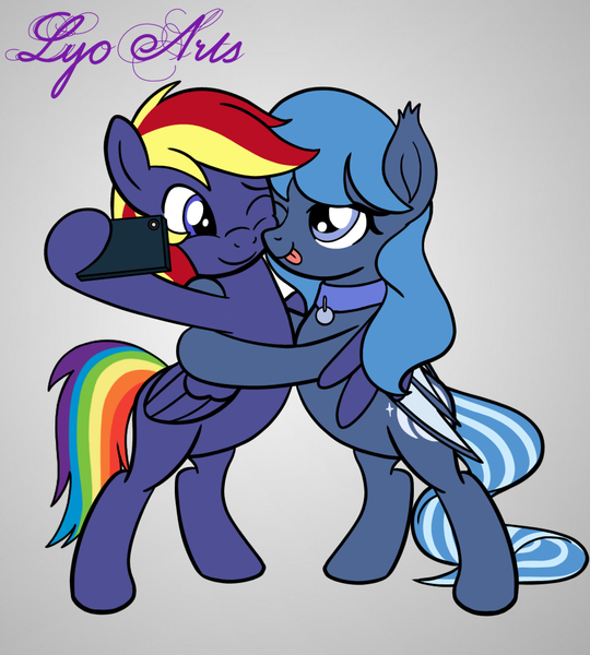 Size: 868x965 | Tagged: safe, artist:linedraweer, derpibooru import, oc, oc:rainbow lightspeed, oc:whirly bat, unofficial characters only, bat pony, pegasus, pony, bipedal, hug, image, not luna, one eye closed, png, selfie, side hug, tongue out, winghug, wings, wink