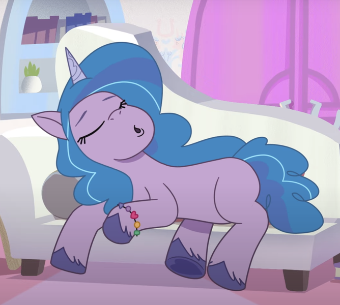 Size: 1592x1430 | Tagged: safe, derpibooru import, izzy moonbow, unicorn, my little pony: tell your tale, spoiler:g5, spoiler:my little pony: tell your tale, spoiler:tyts01e04, couch, g5, image, nightmare roommate, png, sleeping, snoring, solo