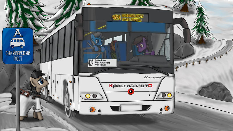 Size: 3840x2160 | Tagged: safe, artist:lekos_n, derpibooru import, oc, unofficial characters only, earth pony, pony, unicorn, fallout equestria, bus, bus stop, image, png, weapon, winter