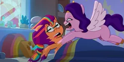 Size: 1209x609 | Tagged: safe, derpibooru import, screencap, pipp petals, sunny starscout, pegasus, pony, unicorn, my little pony: tell your tale, nightmare roommate, spoiler:g5, spoiler:my little pony: tell your tale, spoiler:tyts01e04, bed, error, female, g5, glitch, glitched eyes, image, jpeg, mare, motion blur, pillow, stained glass