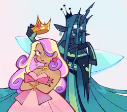 Size: 1305x1151 | Tagged: safe, artist:hoaxghost, artist:toiame, derpibooru import, princess cadance, queen chrysalis, changeling, human, annoyed, bedroom eyes, belt, bracelet, breasts, busty princess cadance, cadalis, chubby, clothes, crossed arms, crown, dark skin, dress, duo, ear piercing, earring, female, hair over one eye, heart, horn, horned humanization, humanized, image, infidelity, jewelry, jpeg, lesbian, nail polish, necklace, open mouth, piercing, redraw, regalia, shipping, simple background, smiling, white background, winged humanization, wings