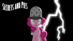 Size: 1280x720 | Tagged: safe, artist:detectivefrankie, derpibooru import, pinkie pie, earth pony, pony, secrets and pies, black background, deerstalker, detective, hat, image, jpeg, lightning, sherlock holmes, sherlock pie, simple background, solo, title