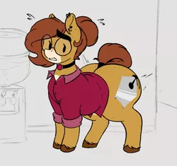 Size: 1396x1311 | Tagged: safe, artist:somefrigginnerd, derpibooru import, oc, oc:pencil test, unofficial characters only, earth pony, pony, choker, colored hooves, earth pony oc, female, glasses, hair bun, hubris, image, indoors, jpeg, large butt, office, plewds, solo, unshorn fetlocks