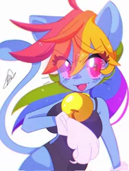 Size: 1537x2048 | Tagged: safe, artist:haichiroo, derpibooru import, rainbow dash, anthro, animal costume, bell, bell collar, cat costume, cat tail, clothes, collar, costume, image, jpeg, leotard, paws, tail