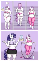 Size: 1600x2462 | Tagged: suggestive, artist:lordstormcaller, derpibooru import, dumbbell, rarity, sweetie belle, anthro, belly, belly button, big belly, big breasts, breasts, busty rarity, busty sweetie belle, chubby, climbing, clothes, diet, duo, duo female, embarrassed, exclamation point, exercise, fat, female, females only, fetish, image, invitation, jiggle, jpeg, jump rope, jumping, large butt, muffin top, purple background, sexy, shrug, simple background, stairs, sweat, sweetie belly, swimsuit, thighs, thunder thighs, water bottle, weight gain, weight loss, wide hips, workout, workout outfit