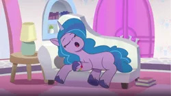 Size: 852x476 | Tagged: safe, derpibooru import, screencap, izzy moonbow, pony, unicorn, my little pony: tell your tale, nightmare roommate, spoiler:g5, spoiler:my little pony: tell your tale, spoiler:tyts01e04, bracelet, couch, cute, g5, image, izzybetes, jewelry, nap, png, sleeping, snoring, solo