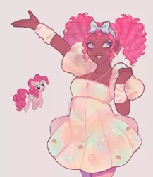 Size: 1080x1246 | Tagged: safe, artist:anemonaii, derpibooru import, pinkie pie, human, arm warmers, bow, candy, clothes, curly hair, cute, dark skin, diapinkes, dress, ear piercing, earring, female, food, g4, hair bow, humanized, image, jewelry, jpeg, necklace, piercing, pigtails, pose, simple background, solo