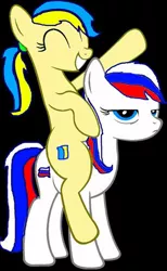 Size: 296x480 | Tagged: artist needed, safe, derpibooru import, oc, oc:marussia, oc:ukraine, ponified, unofficial characters only, earth pony, pony, base used, black background, duo, duo female, female, image, jpeg, nation ponies, ponies riding ponies, riding, russia, siblings, simple background, sisters, ukraine