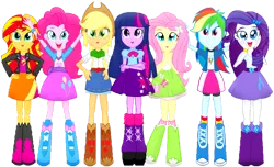 Size: 1146x697 | Tagged: safe, artist:jucamovi1992, derpibooru import, edit, edited screencap, editor:rupahrusyaidi, screencap, applejack, fluttershy, pinkie pie, rainbow dash, rarity, sci-twi, sunset shimmer, twilight sparkle, twilight sparkle (alicorn), alicorn, equestria girls, background removed, bracelet, clothes, cropped, female, hairpin, humane five, humane seven, humane six, image, jewelry, not a vector, png, simple background, transparent background