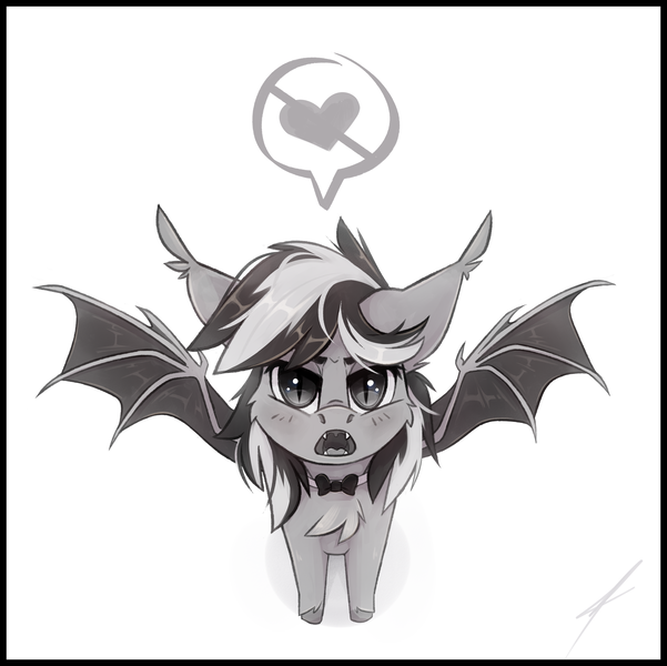 Size: 4784x4776 | Tagged: safe, artist:ivanmidnight, derpibooru import, oc, oc:oldi filmes, unofficial characters only, bat pony, pony, absurd resolution, bat pony oc, bat wings, blushing, bowtie, cheek fluff, chest fluff, ear tufts, eyebrows, eyelashes, fangs, female, grayscale, heart, image, looking at you, mare, monochrome, open mouth, png, simple background, solo, speech bubble, spread wings, unshorn fetlocks, uvula, white background, wings