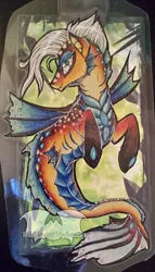 Size: 458x800 | Tagged: safe, artist:temrin, derpibooru import, oc, unofficial characters only, hybrid, merpony, original species, pony, seapony (g4), colored pupils, dorsal fin, female, fin wings, fins, fish tail, flowing tail, gem, gills, image, jpeg, logo, mare, scales, smiling, solo, tail, watermark, wings, yellow eyes, yellow mane