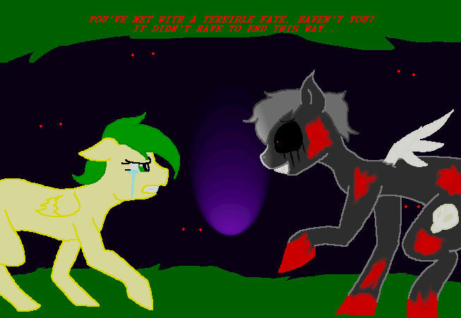 Size: 653x451 | Tagged: semi-grimdark, artist:veronaespada, derpibooru import, edit, oc, oc:jade, unofficial characters only, pegasus, pony, undead, zombie, zombie pony, angry, blood, bloody hooves, brightened, crying, everfree forest, eye contact, female, floppy ears, forest, frown, glare, glow, glowing eyes, grin, gritted teeth, image, jpeg, looking at each other, looking at someone, male, mare, raised hoof, scared, smiling, smirk, spread wings, stallion, super filly adventure, tree, wings