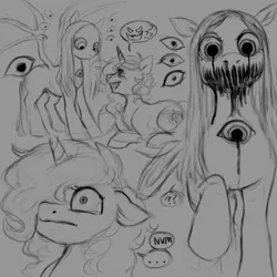 Size: 5000x5000 | Tagged: grimdark, artist:misstwipietwins, derpibooru import, oc, oc:petunia, unofficial characters only, pegasus, unicorn, commission, fallen angel, image, nightmare fuel, png, sketch, sketch page, uncanny valley