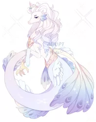 Size: 3000x3800 | Tagged: safe, artist:uni-honey, derpibooru import, oc, unofficial characters only, draconequus, hybrid, original species, seapony (g4), adoptable, claws, commission, crown, dorsal fin, feather, female, fins, fish tail, flowing tail, fusion, image, jewelry, lidded eyes, looking at you, peytral, pink mane, png, regalia, simple background, solo, sparkles, tail, transformation, watermark, wings