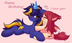 Size: 3509x2073 | Tagged: safe, artist:airiniblock, derpibooru import, oc, oc:airi, oc:vajr, bat pony, unicorn, cute, happy birthday, image, kissing, png