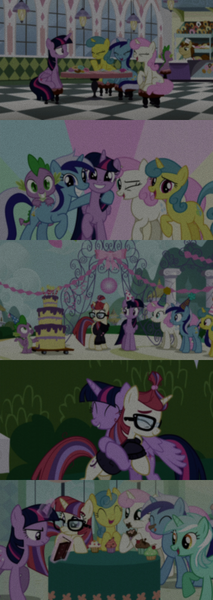 Size: 1280x3600 | Tagged: safe, edit, edited screencap, editor:jerryakiraclassics19, screencap, donut joe, lemon hearts, lyra heartstrings, minuette, moondancer, spike, twilight sparkle, twilight sparkle (alicorn), twinkleshine, alicorn, dragon, pony, unicorn, amending fences, '90s, background pony, cake, canterlot six, cupcake, donut shop, female, food, glasses, hat, hug, image, male, mare, open mouth, party hat, png, smiling, stallion, unicorn twilight