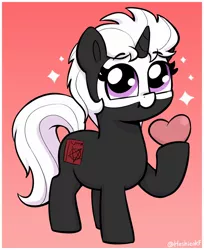 Size: 1524x1872 | Tagged: safe, artist:heretichesh, derpibooru import, oc, oc:s.leech, unofficial characters only, pony, unicorn, big eyes, cute, female, filly, foal, gradient background, heart, image, jpeg, ocbetes, signature, smiling, solo, sparkles