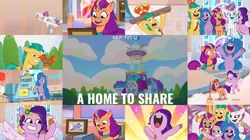 Size: 1968x1105 | Tagged: safe, derpibooru import, edit, edited screencap, editor:quoterific, screencap, hitch trailblazer, izzy moonbow, pipp petals, sunny starscout, zipp storm, crab, earth pony, pegasus, pony, unicorn, a home to share, my little pony: tell your tale, spoiler:g5, spoiler:my little pony: tell your tale, spoiler:tyts01e01, argyle starshine, bipedal, eyes closed, female, flying, g5, glasses, image, male, mane five (g5), mare, mobile phone, nose in the air, open mouth, open smile, phone, png, selfie, smartphone, smiling, spread wings, stallion, text, volumetric mouth, wings