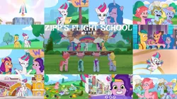 Size: 1968x1106 | Tagged: safe, derpibooru import, edit, edited screencap, editor:quoterific, screencap, hitch trailblazer, izzy moonbow, pipp petals, sunny starscout, zipp storm, earth pony, pegasus, pony, unicorn, my little pony: tell your tale, zipp's flight school, spoiler:g5, spoiler:my little pony: tell your tale, spoiler:tyts01e02, eyes closed, female, fifi (g5), filly, filly zipp storm, flying, g5, image, male, mane five (g5), mare, open mouth, open smile, png, smiling, smoothie, spread wings, stallion, text, thunder (g5), windy (g5), wings, younger, zoom zephyrwing