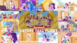 Size: 1968x1108 | Tagged: safe, derpibooru import, edit, edited screencap, editor:quoterific, screencap, cloudpuff, hitch trailblazer, izzy moonbow, pipp petals, queen haven, sunny starscout, zipp storm, earth pony, pegasus, pony, unicorn, my little pony: tell your tale, sisters take flight, spoiler:g5, spoiler:my little pony: tell your tale, spoiler:tyts01e03, boop, crying, eyes closed, female, flying, g5, image, male, mane five (g5), mare, mirror, noseboop, open mouth, open smile, png, sad, smiling, spread wings, stallion, text, wings