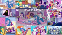 Size: 1974x1111 | Tagged: safe, derpibooru import, edit, edited screencap, editor:quoterific, screencap, hitch trailblazer, izzy moonbow, pipp petals, sunny starscout, zipp storm, earth pony, pegasus, pony, unicorn, my little pony: tell your tale, nightmare roommate, spoiler:g5, spoiler:my little pony: tell your tale, spoiler:tyts01e04, bed, couch, eyes closed, female, g5, grin, image, magic, male, mane five (g5), mare, nervous, nervous grin, open mouth, open smile, png, shrunken pupils, smiling, spread wings, stallion, sweat, telekinesis, text, toothbrush, wings