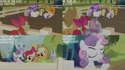 Size: 4400x2475 | Tagged: safe, derpibooru import, edit, edited screencap, editor:quoterific, screencap, amethyst star, apple bloom, applejack, sweetie belle, earth pony, pony, unicorn, season 2, sisterhooves social, apple bloom's bow, applejack's hat, bow, cowboy hat, eyes closed, female, filly, foal, hair bow, hat, image, mare, png, smiling, text