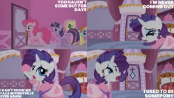 Size: 4400x2475 | Tagged: safe, derpibooru import, edit, edited screencap, editor:quoterific, screencap, fluttershy, pinkie pie, rainbow dash, rarity, twilight sparkle, earth pony, pegasus, pony, unicorn, season 1, suited for success, carousel boutique, female, image, mare, marshmelodrama, open mouth, png, rarity being rarity, text, unicorn twilight