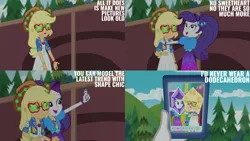 Size: 4400x2475 | Tagged: safe, derpibooru import, edit, edited screencap, editor:quoterific, screencap, applejack, rarity, equestria girls, equestria girls series, festival filters, spoiler:eqg series (season 2), duo, duo female, female, image, mobile phone, music festival outfit, open mouth, open smile, phone, png, selfie, smartphone, smiling, text