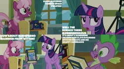 Size: 4400x2475 | Tagged: safe, derpibooru import, edit, edited screencap, editor:quoterific, screencap, cheerilee, spike, twilight sparkle, twilight sparkle (alicorn), alicorn, dragon, earth pony, pony, a flurry of emotions, season 7, book, female, frown, grin, high res, image, male, mare, open mouth, open smile, png, ponyville schoolhouse, smiling, teeth, text, trio