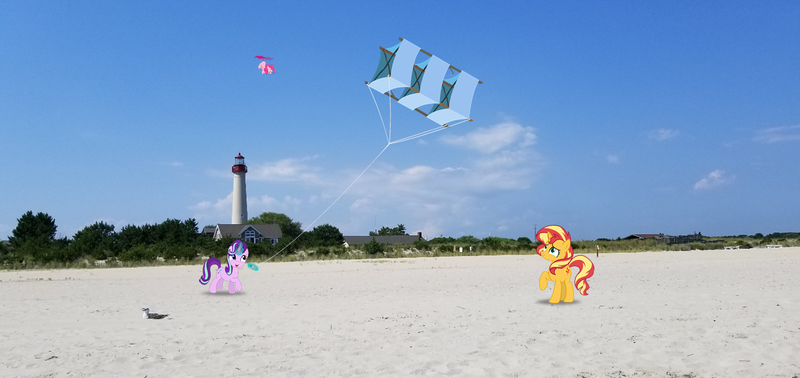 Size: 1366x646 | Tagged: safe, artist:davidsfire, artist:jeatz-axl, artist:paganmuffin, artist:thedoubledeuced, derpibooru import, pinkie pie, starlight glimmer, sunset shimmer, earth pony, pony, unicorn, beach, cartoon physics, female, flying, image, irl, irl photo, kite, looking up, mare, open mouth, open smile, photo, pinkie being pinkie, pinkie physics, png, ponies in real life, raised hoof, smiling, that pony sure does love kites, trio, trio female