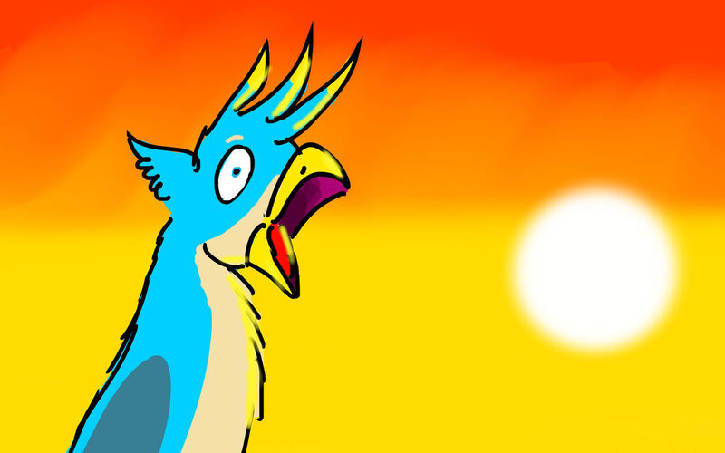Size: 1280x800 | Tagged: safe, artist:horsesplease, derpibooru import, gallus, gryphon, crowing, gallus the rooster, image, insanity, jpeg, morning, screaming, sun, sunrise