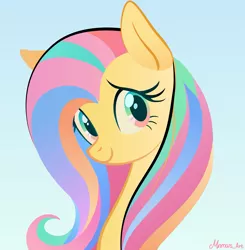 Size: 2009x2048 | Tagged: safe, artist:mn27, derpibooru import, fluttershy, pegasus, pony, bust, cute, female, gradient background, high res, image, jpeg, looking at you, mare, shyabetes, signature, smiling, smiling at you, solo