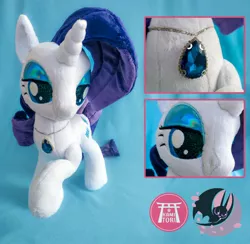 Size: 1852x1811 | Tagged: safe, artist:nerofledermaus, derpibooru import, rarity, unicorn, advertisement, cute, image, jewelry, jpeg, necklace, photo, plushie, raised hoof, raribetes