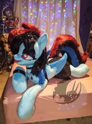 Size: 1497x2000 | Tagged: safe, artist:nerofledermaus, derpibooru import, rainbow dash, alternate hairstyle, bed, bedroom eyes, bracelet, clothes, goth, image, irl, irl photo, jewelry, jpeg, makeup, photo, piercing, plushie, tongue out, wingding eyes