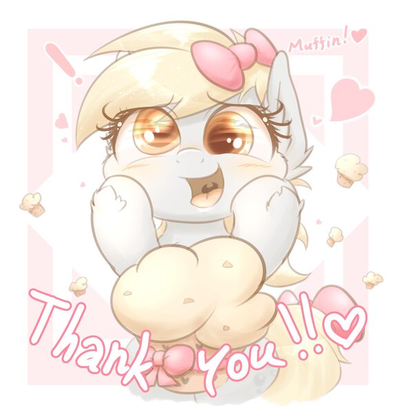 Size: 1836x1920 | Tagged: safe, artist:phoenixrk49, derpibooru import, derpy hooves, pegasus, pony, blushing, bust, cute, derpabetes, exclamation point, eye reflection, female, food, happy, heart, hoof on cheek, image, jpeg, looking at something, mare, muffin, open mouth, open smile, reflection, ribbon, smiling, solo, text, thank you