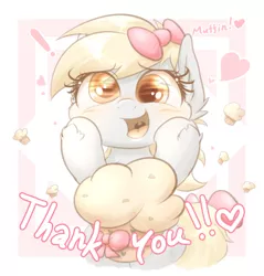 Size: 1836x1920 | Tagged: safe, artist:phoenixrk49, derpibooru import, derpy hooves, pegasus, pony, blushing, bust, cute, derpabetes, exclamation point, eye reflection, female, food, happy, heart, hoof on cheek, image, jpeg, looking at something, mare, muffin, open mouth, open smile, reflection, ribbon, smiling, solo, text, thank you