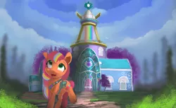 Size: 4900x3000 | Tagged: safe, artist:auroriia, derpibooru import, sunny starscout, earth pony, pony, my little pony: tell your tale, bag, g5, grass, image, png, solo, tree, window