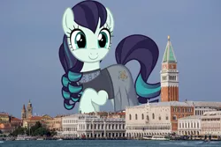 Size: 1600x1066 | Tagged: safe, artist:90sigma, artist:thegiantponyfan, derpibooru import, coloratura, earth pony, pony, clothes, dress, female, giant pony, giant/macro earth pony, giantess, highrise ponies, image, irl, italy, looking at you, macro, mare, mega giant, photo, png, ponies in real life, raised hoof, smiling, smiling at you, venice
