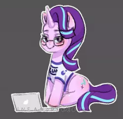 Size: 643x621 | Tagged: safe, artist:superiorinfamea, derpibooru import, starlight glimmer, pony, unicorn, april fools, clothes, computer, glasses, image, jpeg, laptop computer, pixel art, r/place, reddit, shirt, solo, t-shirt