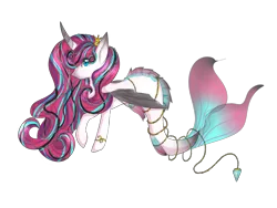 Size: 1600x1200 | Tagged: safe, artist:julytoo, derpibooru import, oc, unofficial characters only, alicorn, hippocampus, hybrid, merpony, pony, seapony (g4), blue eyes, clothes, crown, dorsal fin, female, fin wings, fins, fish tail, flowing mane, flowing tail, horn, image, jewelry, mare, necklace, pearl necklace, png, regalia, seaponified, see-through, simple background, solo, species swap, tail, transparent background, wings