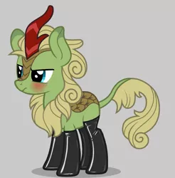 Size: 2231x2265 | Tagged: safe, derpibooru import, edit, editor:anonymous, forest fall, kirin, /mlp/ latex requests, blushing, clothes, frown, gray background, high res, image, latex, latex socks, male, png, requested art, shadow, show accurate, simple background, socks, solo