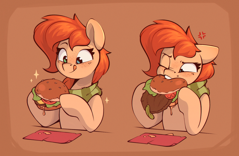 Size: 1395x914 | Tagged: safe, artist:rexyseven, derpibooru import, oc, oc:rusty gears, earth pony, pony, burger, cross-popping veins, female, food, hamburger, heterochromia, hoof hold, image, licking, licking lips, mare, meat, png, ponies eating meat, solo, tongue out