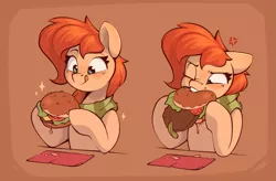 Size: 1395x914 | Tagged: safe, artist:rexyseven, derpibooru import, oc, oc:rusty gears, earth pony, pony, burger, cross-popping veins, female, food, hamburger, heterochromia, hoof hold, image, licking, licking lips, mare, meat, png, ponies eating meat, solo, tongue out