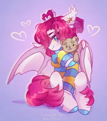 Size: 3026x3414 | Tagged: safe, artist:dedfriend, artist:lerkfruitbat, derpibooru import, oc, unofficial characters only, bat pony, pony, bat pony oc, bat wings, blushing, clothes, ear piercing, ear tufts, earring, female, floating heart, heart, image, jewelry, mare, piercing, plushie, png, solo, sweater, teddy bear, wings