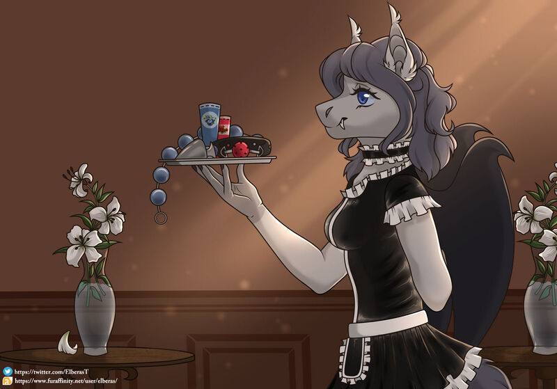 Size: 1280x894 | Tagged: questionable, artist:elberas, derpibooru import, oc, unofficial characters only, anthro, bat pony, anal beads, bat pony oc, bat wings, choker, clothes, commission, female, flower, image, indoors, jpeg, maid, sex toy, smiling, solo, tray, vase, wings, ych result